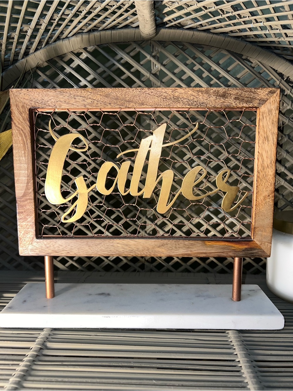 Gold "Gather" Script Sign on Wood Frame